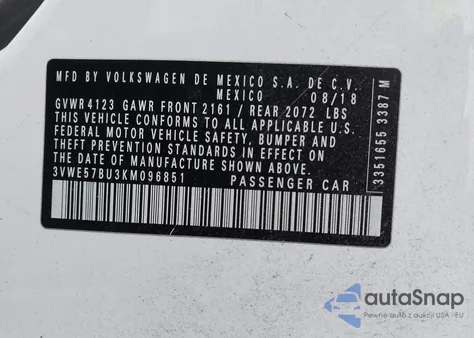 2019 Volkswagen Jetta 1.4T Sel z USA, uszkodzony, nr VIN 3VWE57BU3KM096851